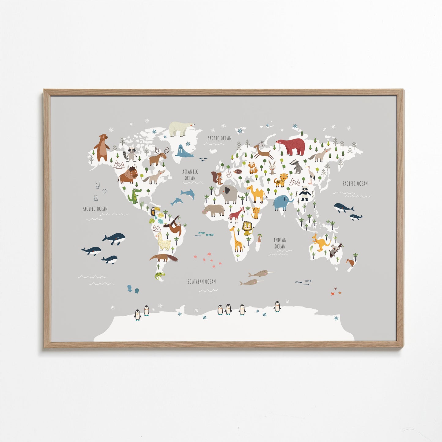 World Map with animals grey