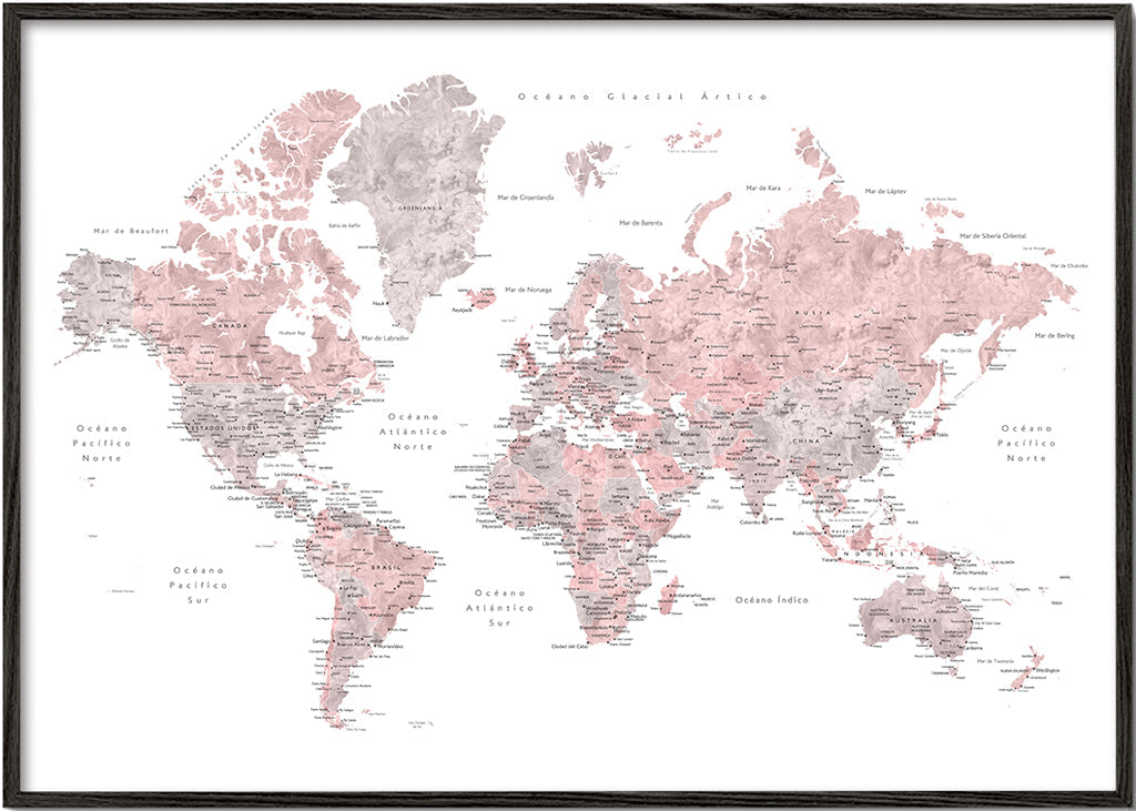 Detailed dusty pink watercolor world map with labels in Spanish, Piper