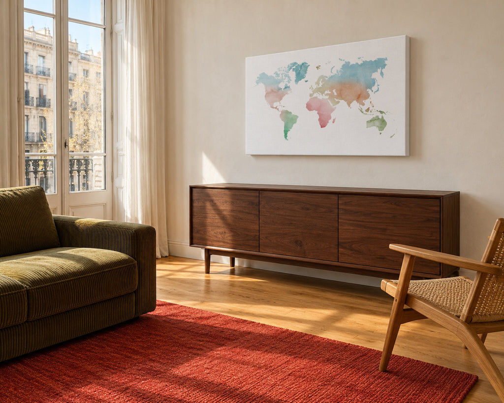 Watercolor World Map - Pastel colors - Unframed canvas in an interior