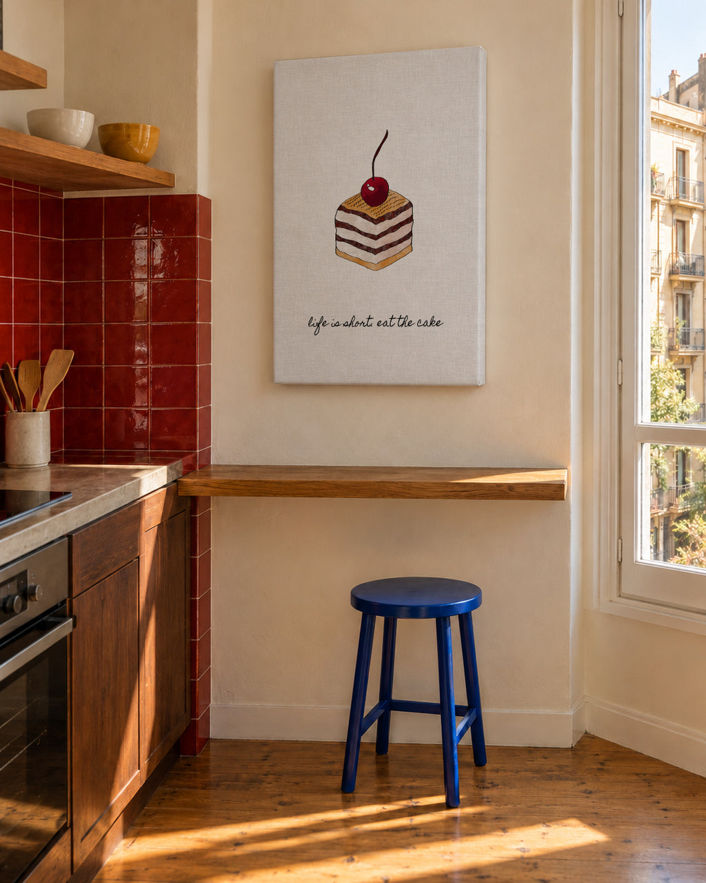 Life is short. Eat the cake - Unframed canvas in an interior
