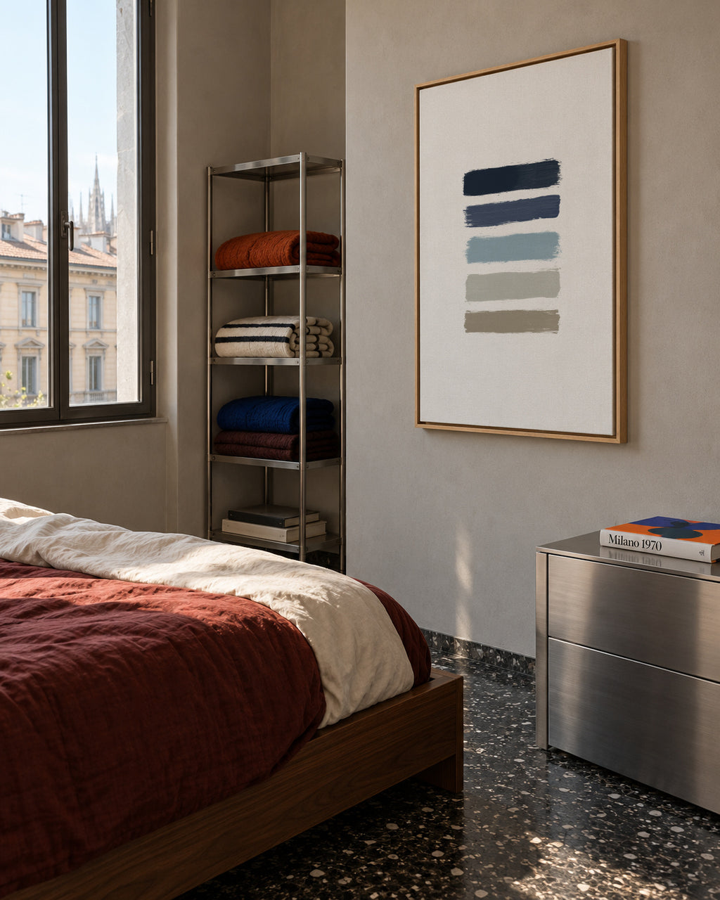 Blue & taupe stripes - Framed canvas in an interior
