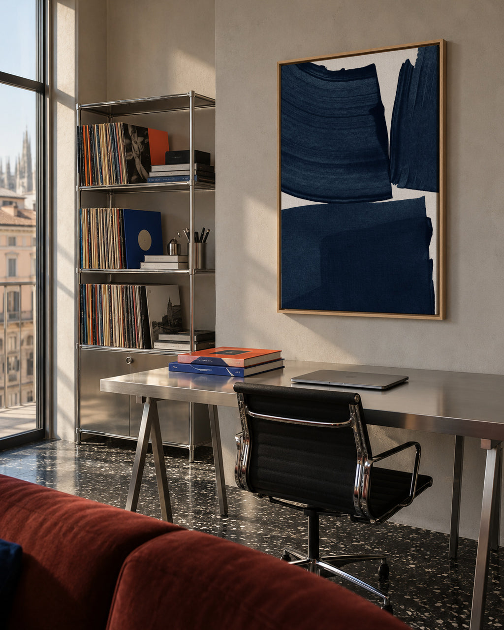 Minimalist Painting Blue I - Framed canvas in an interior