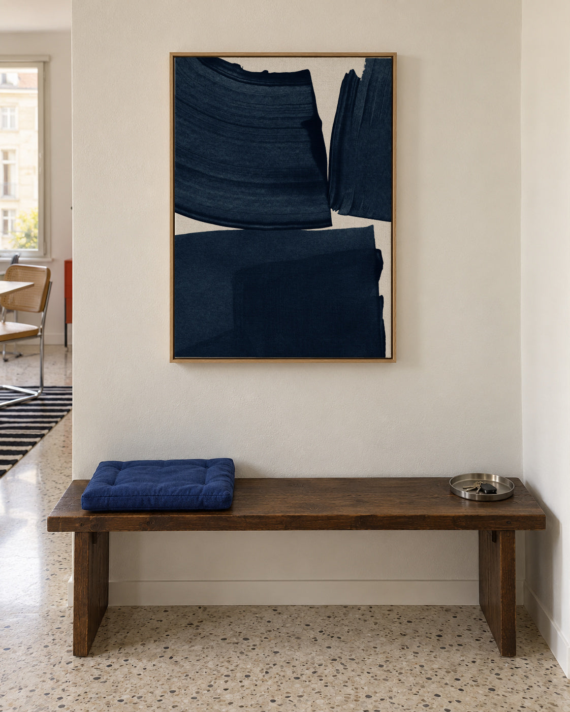 Minimalist Painting Blue I - Framed canvas in an interior