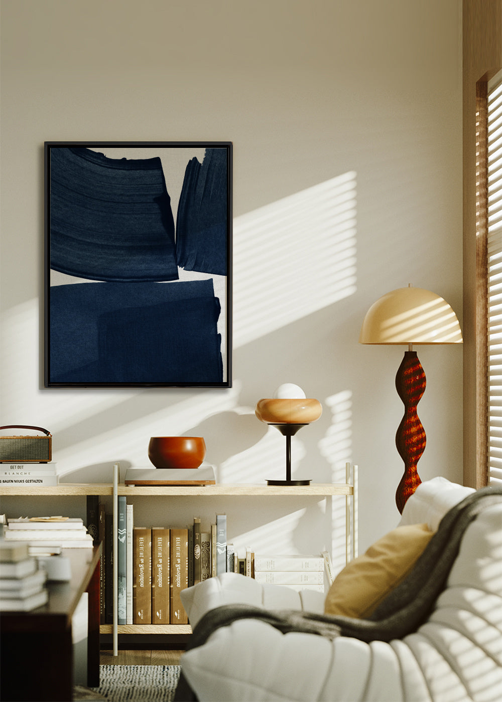 Minimalist Painting Blue I - Framed canvas in an interior