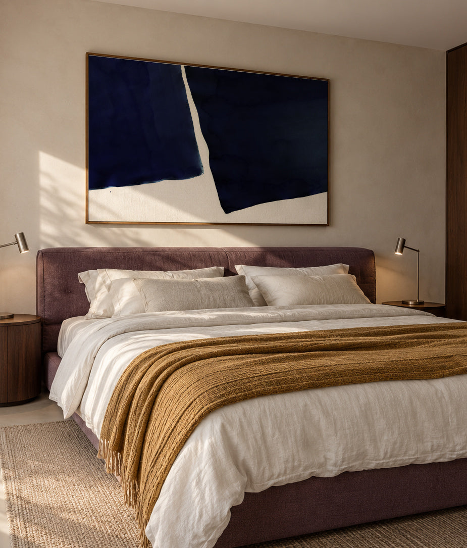 Minimal navy blue abstract 01 - Framed canvas in an interior
