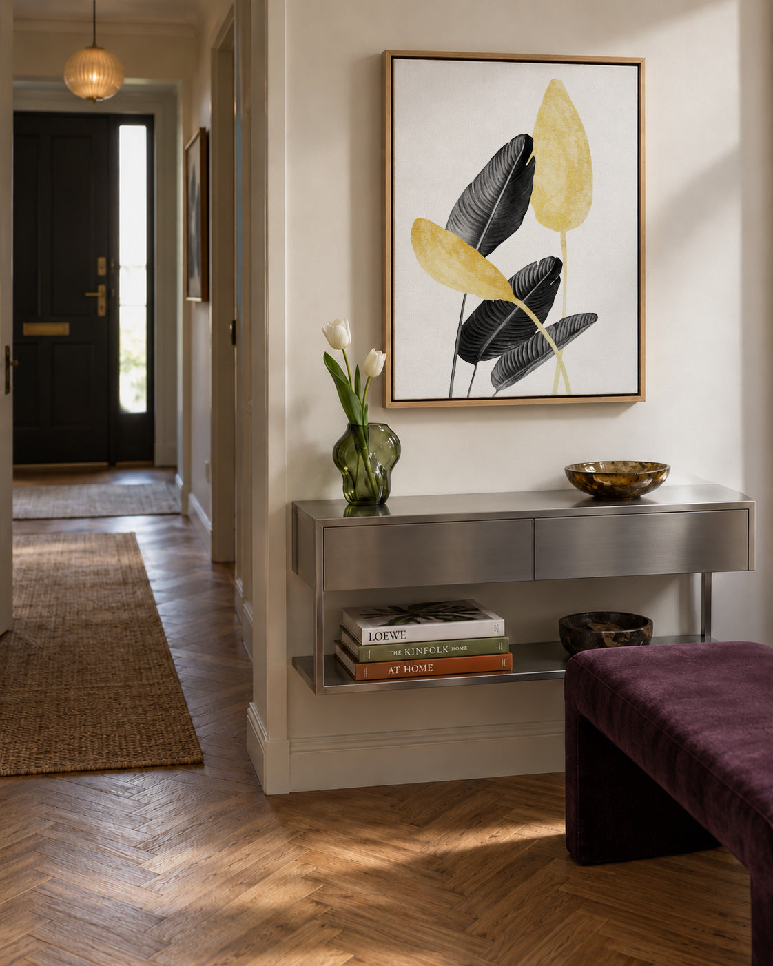 Bird of Paradise Plant Black, White and Gold 02 - Framed canvas in an interior