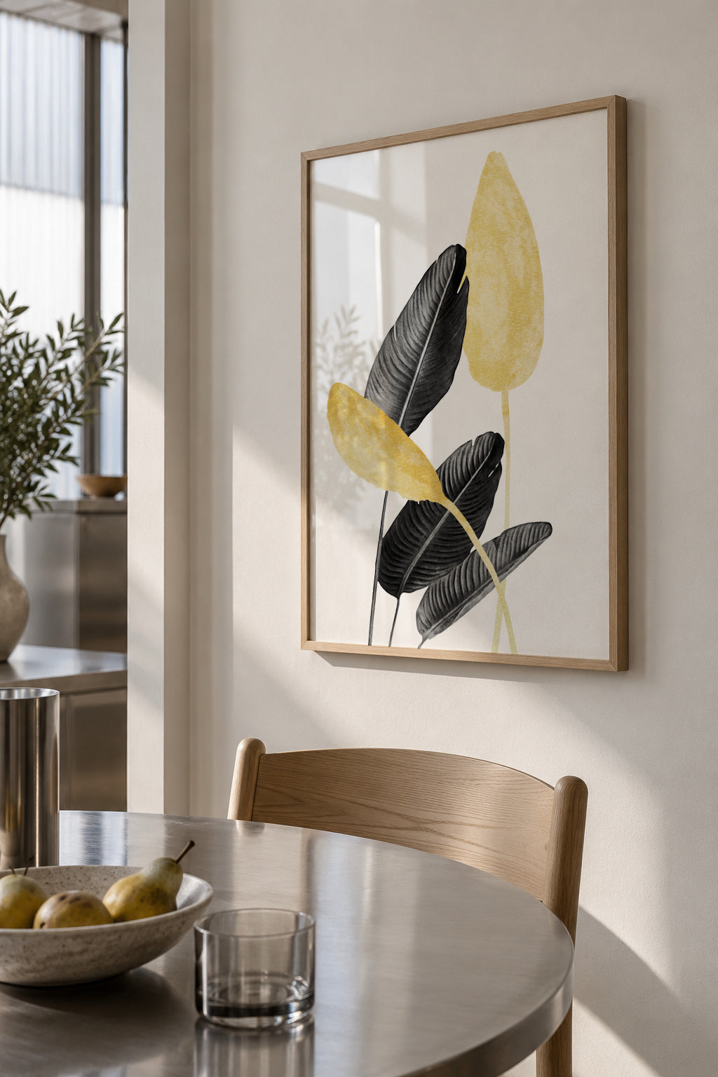 Bird of Paradise Plant Black, White and Gold 02 - Framed poster in an interior