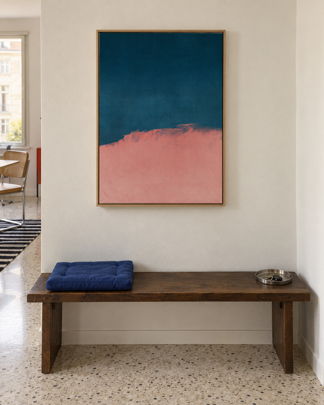 Minimal Landscape Pink and Navy Blue 01 - Framed canvas in an interior