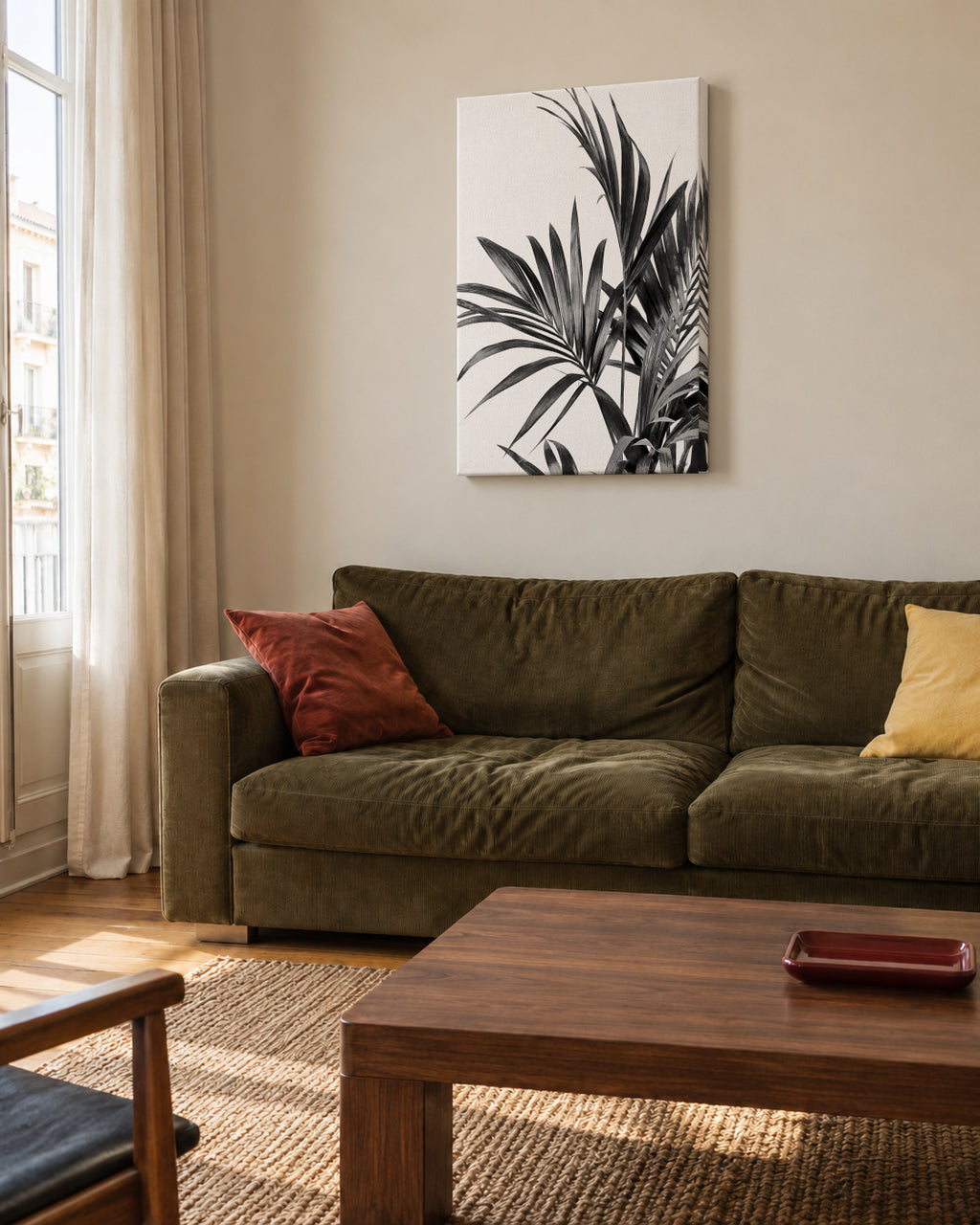 Palm Leaves Black and White 01 - Unframed canvas in an interior