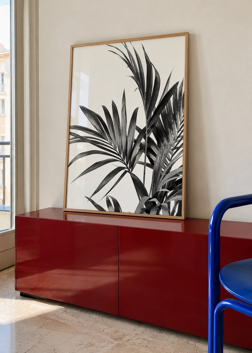 Palm Leaves Black and White 01 - Framed poster in an interior