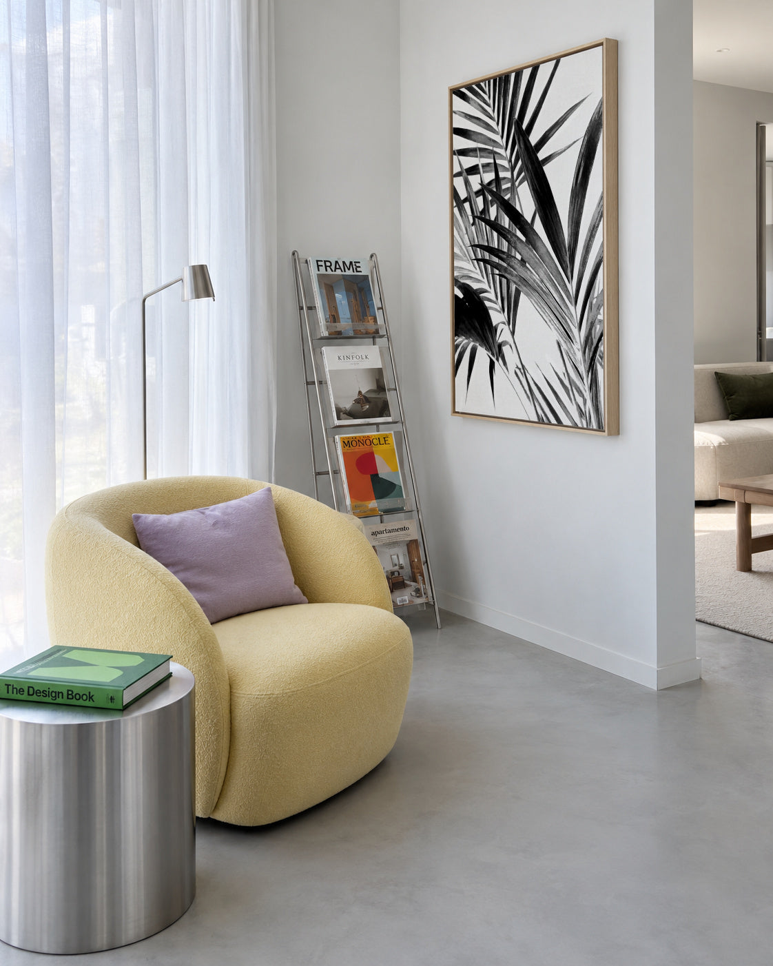 Palm Leaves Black and White 02 - Framed canvas in an interior