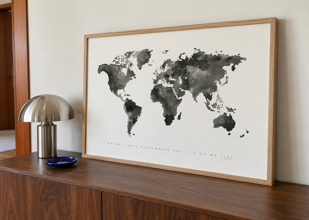 World map monochrome - Framed poster in an interior
