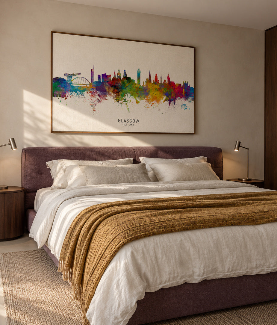 Glasgow Skyline multicolor - Framed canvas in an interior