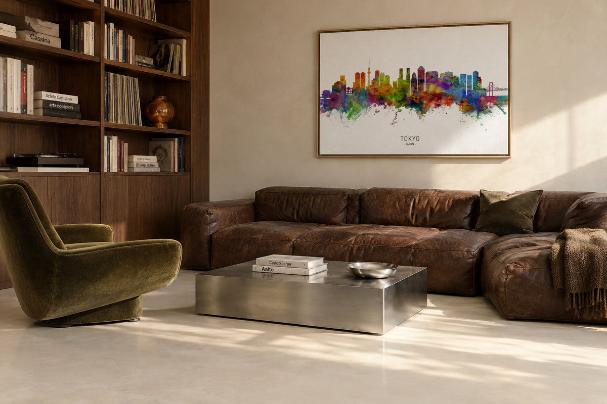 Tokyo Skyline multicolor - Framed canvas in an interior