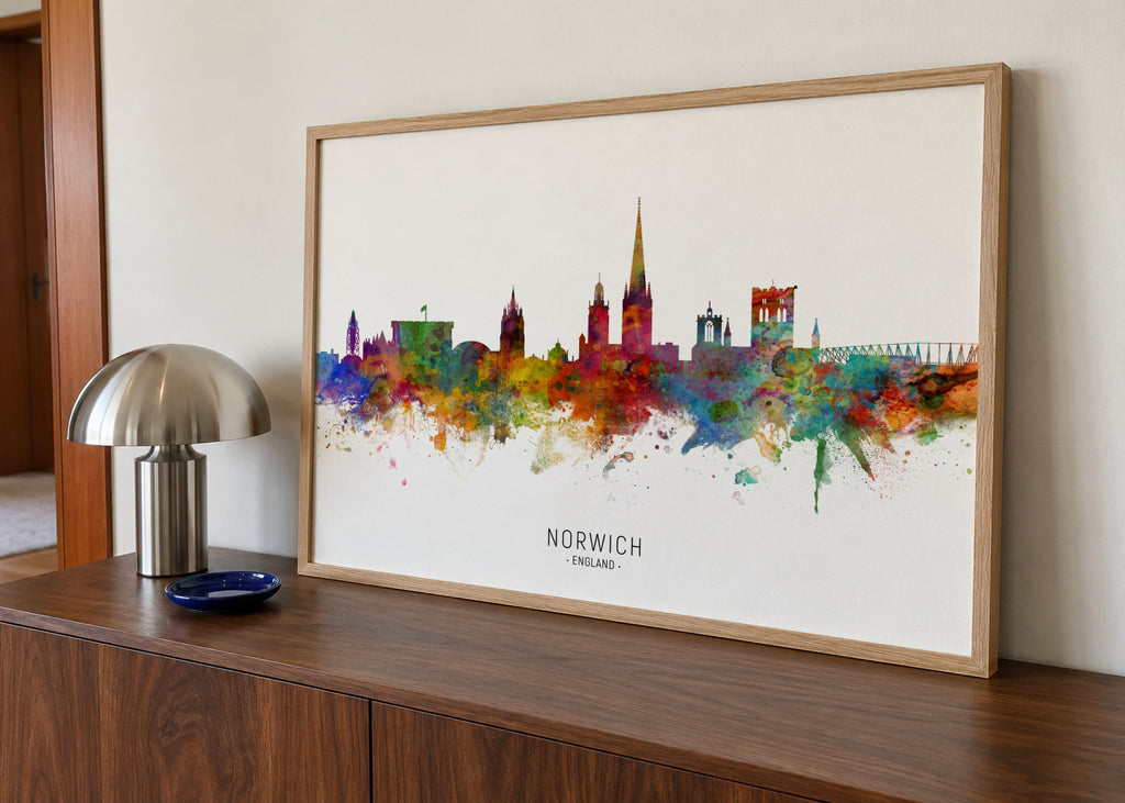 Norwich Skyline multicolor - Framed poster in an interior
