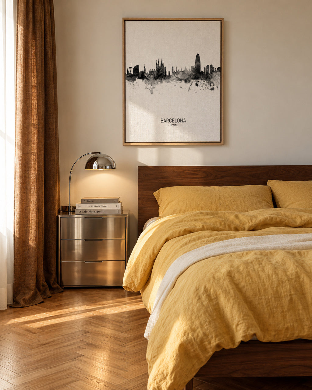 Barcelona Skyline en blanco y negro - Framed canvas in an interior