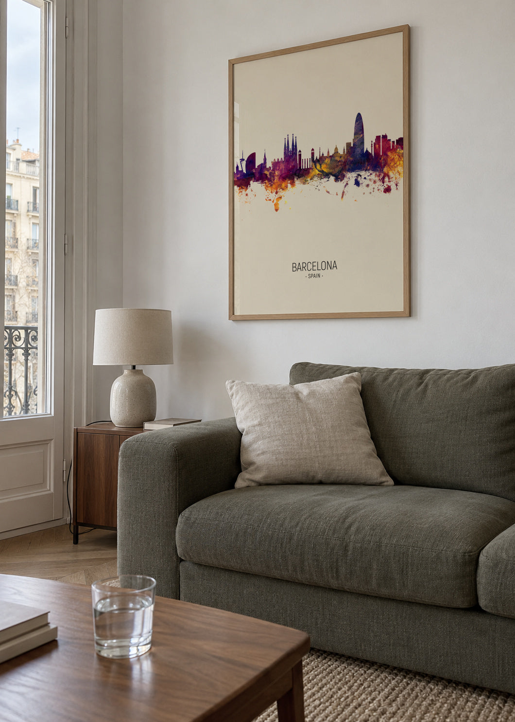 Barcelona Skyline en beige - Framed poster in an interior