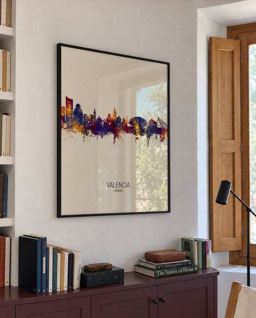 Valencia Skyline en beige - Framed poster in an interior