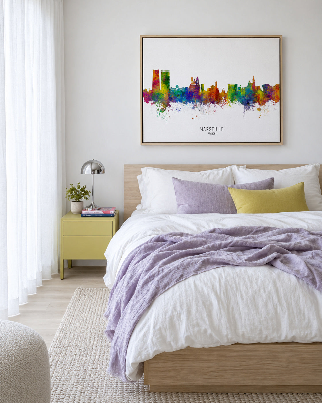Marseille Skyline multicolor - Framed canvas in an interior