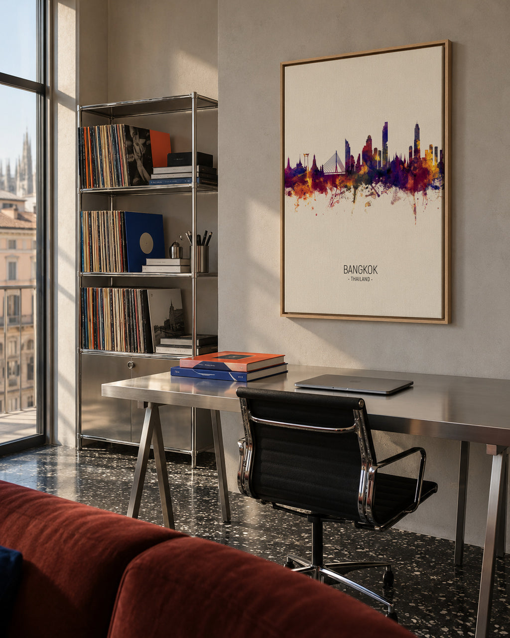 Bangkok Skyline beige - Framed canvas in an interior