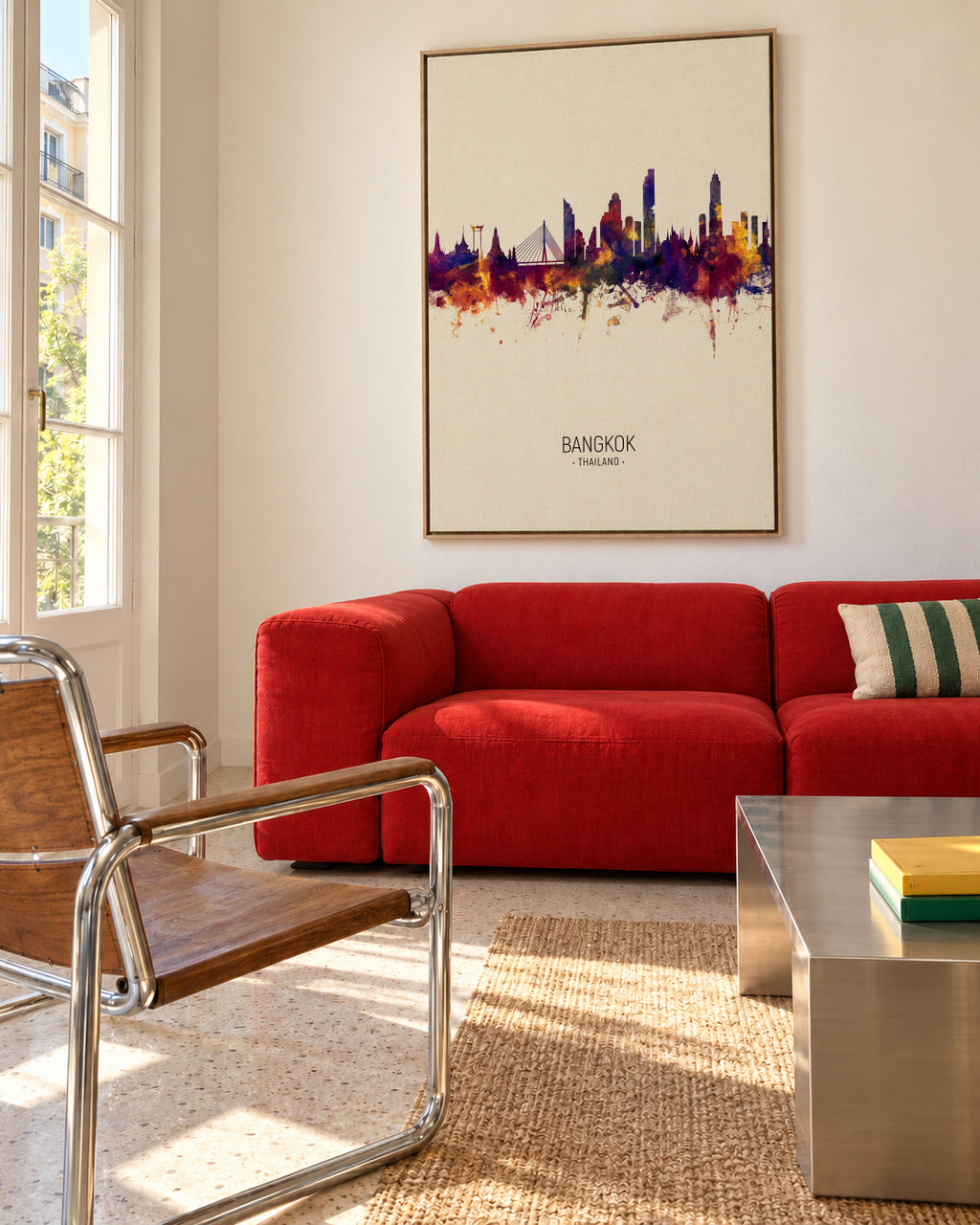 Bangkok Skyline beige - Framed canvas in an interior