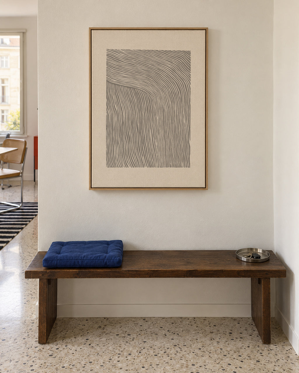 Stripes linocut Nº6 - Gray - Framed canvas in an interior