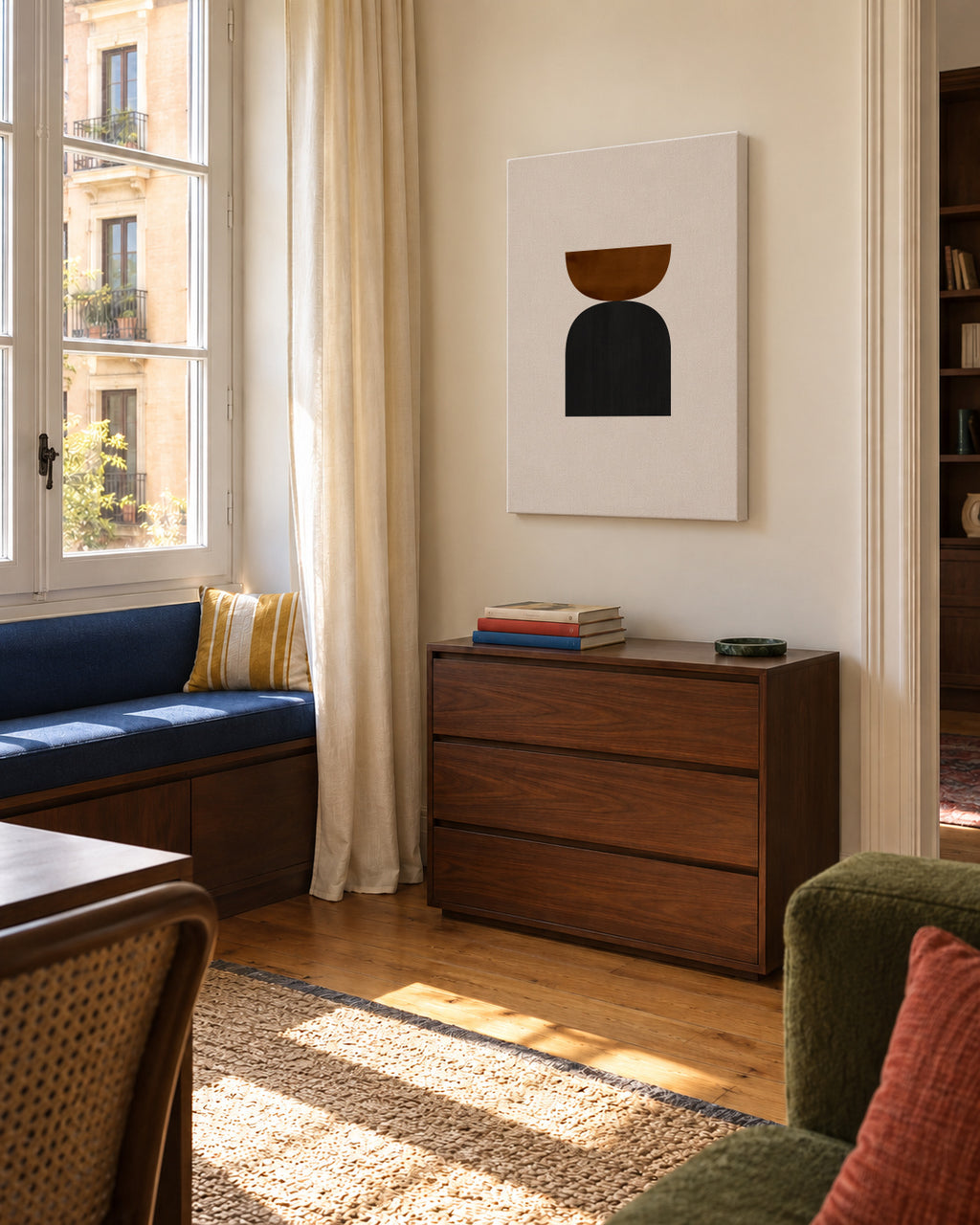 Geometric shapes Nº1 - rust & black - Unframed canvas in an interior