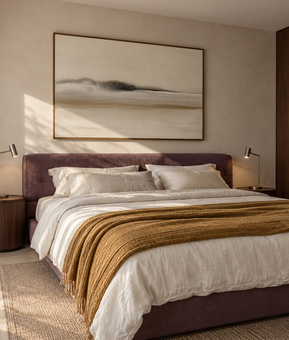 Hazy horizon in sepia and black watercolor - Framed canvas in an interior