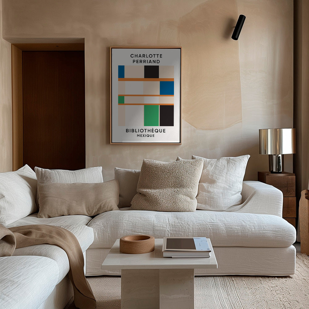 Geometric print with blocks and typography 'Bibliothèque'