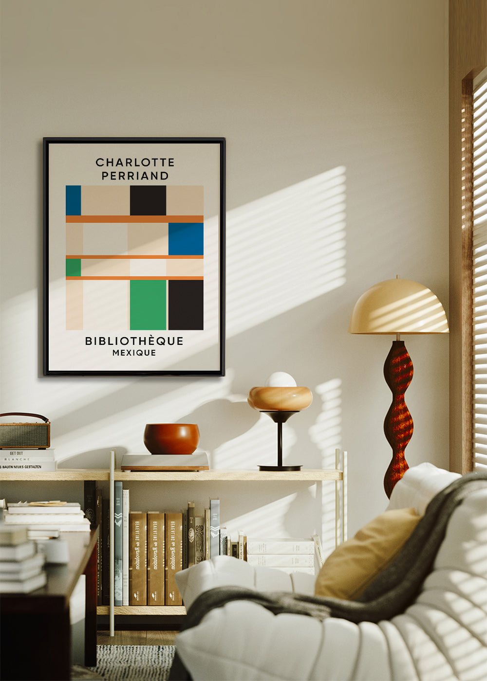 Geometric print with blocks and typography 'Bibliothèque'