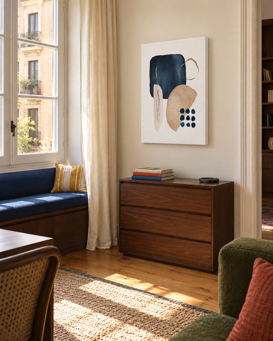 Watercolor Shapes in Navy 4 - Unframed canvas in an interior