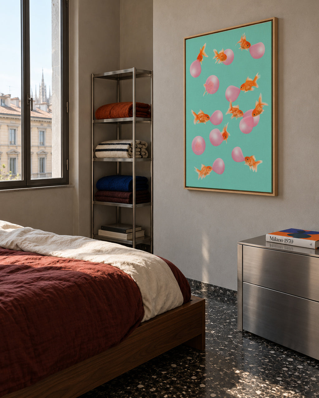 Bubblegum Goldfish - Framed canvas in an interior
