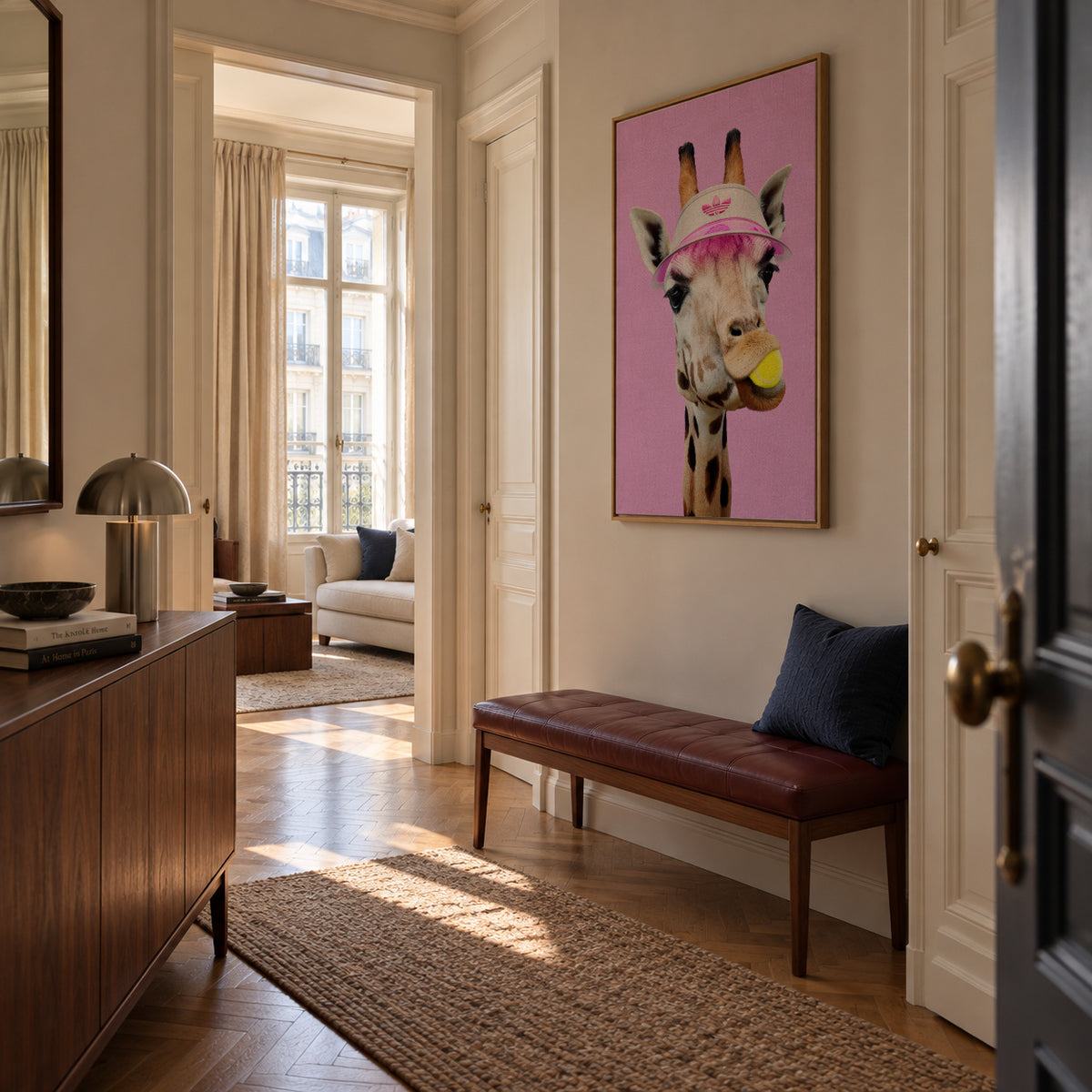 Tennis Giraffe - Framed canvas in an interior