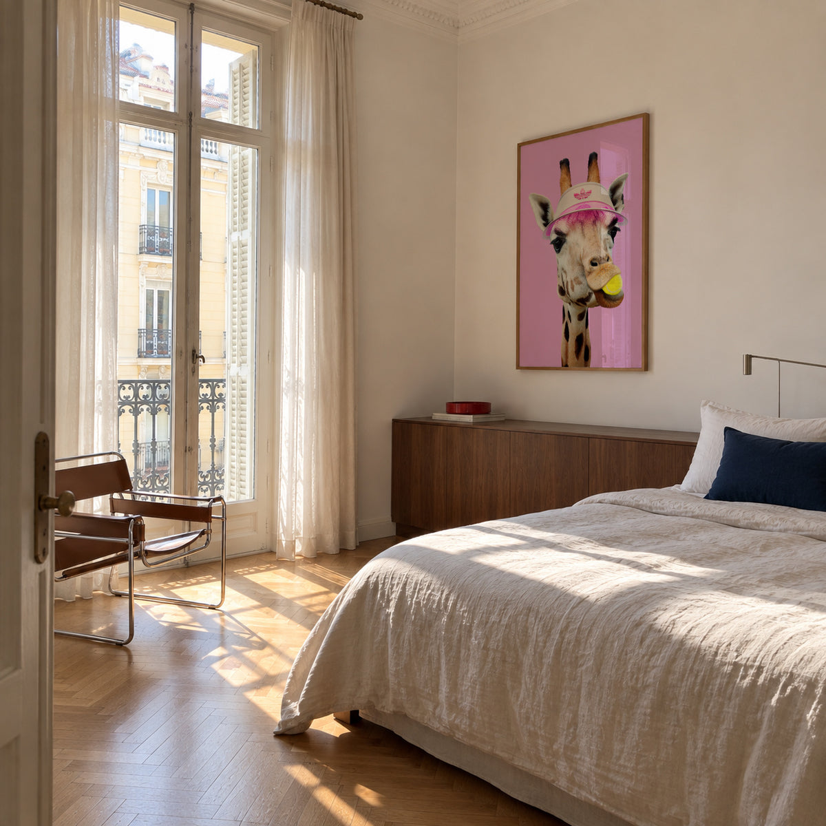 Tennis Giraffe - Framed poster in an interior