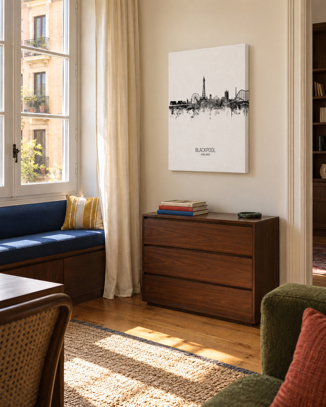 Blackpool Skyline blanco y negro - Unframed canvas in an interior