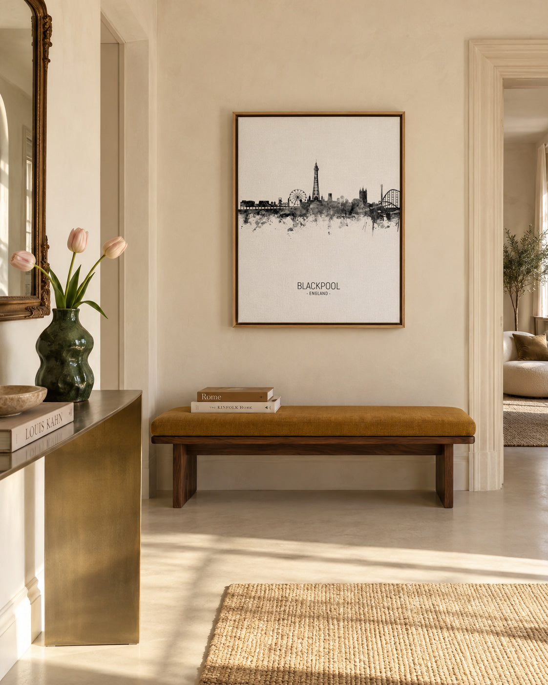 Blackpool Skyline blanco y negro - Framed canvas in an interior