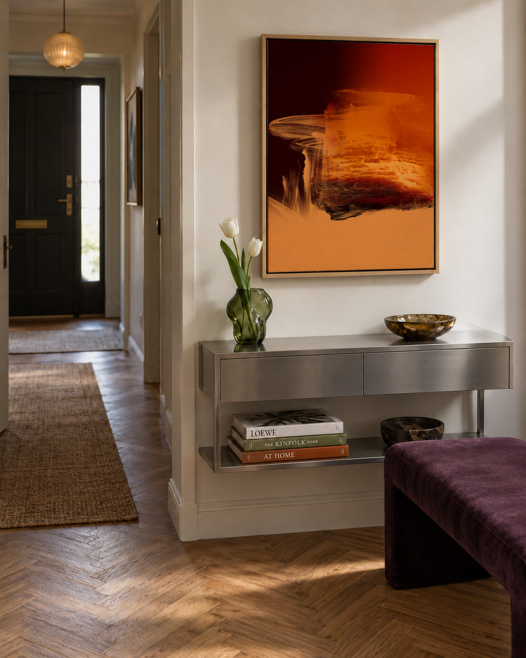 Expressive Fiery Orange Abstract - Framed canvas in an interior