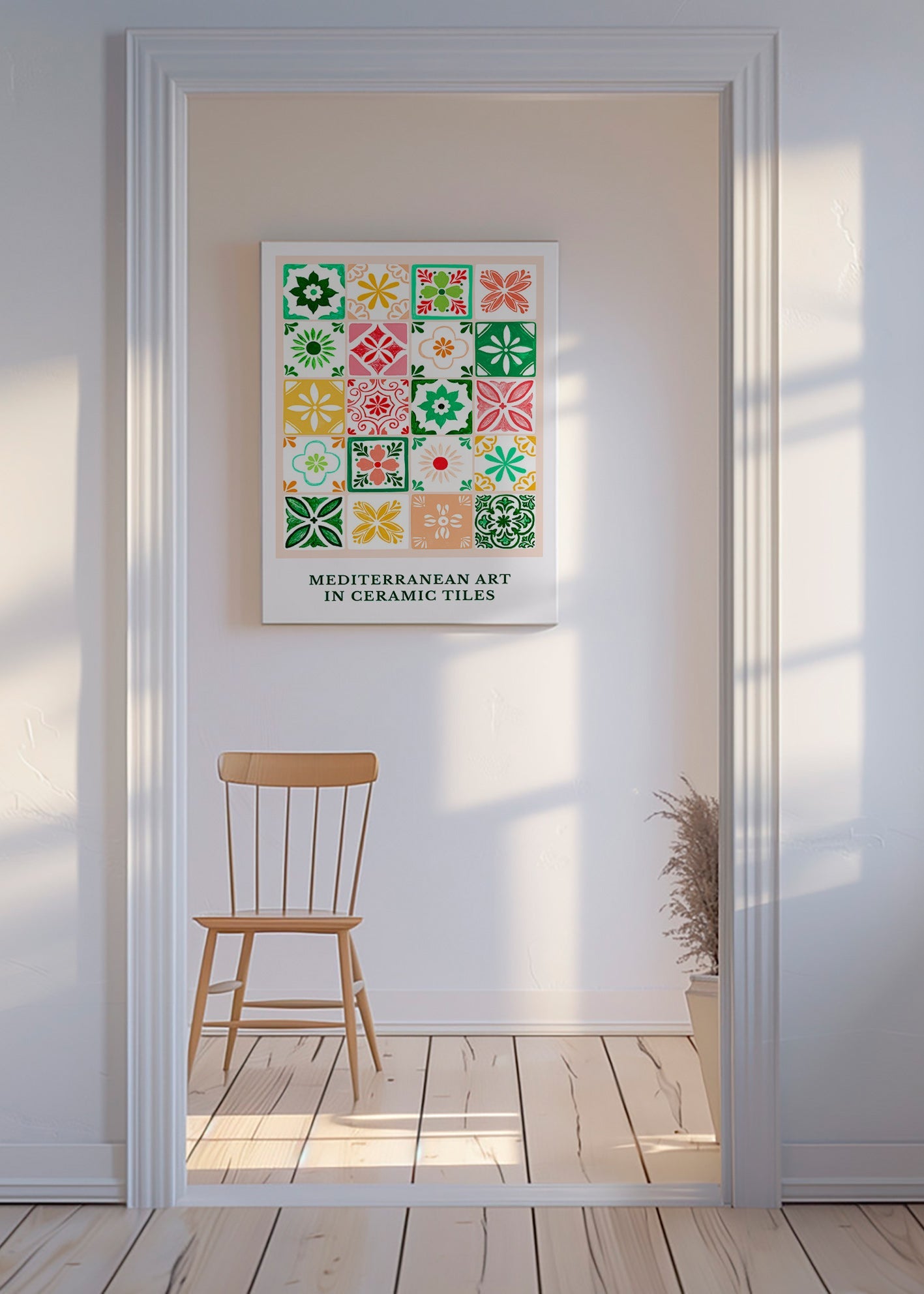 Botanical print with Mediterranean tile motifs
