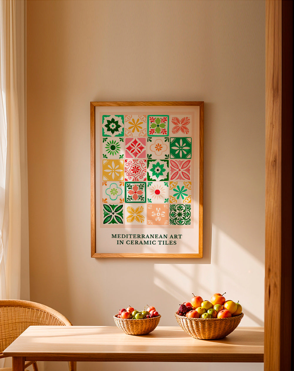 Botanical print with Mediterranean tile motifs