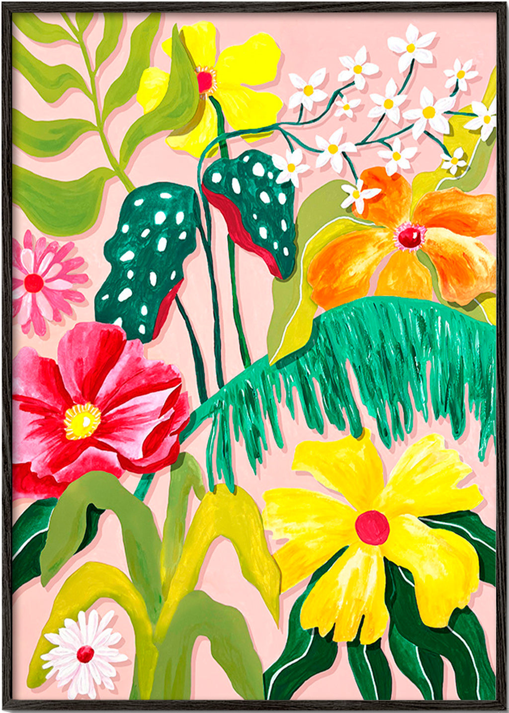 Botanical print with vibrant tropical blooms