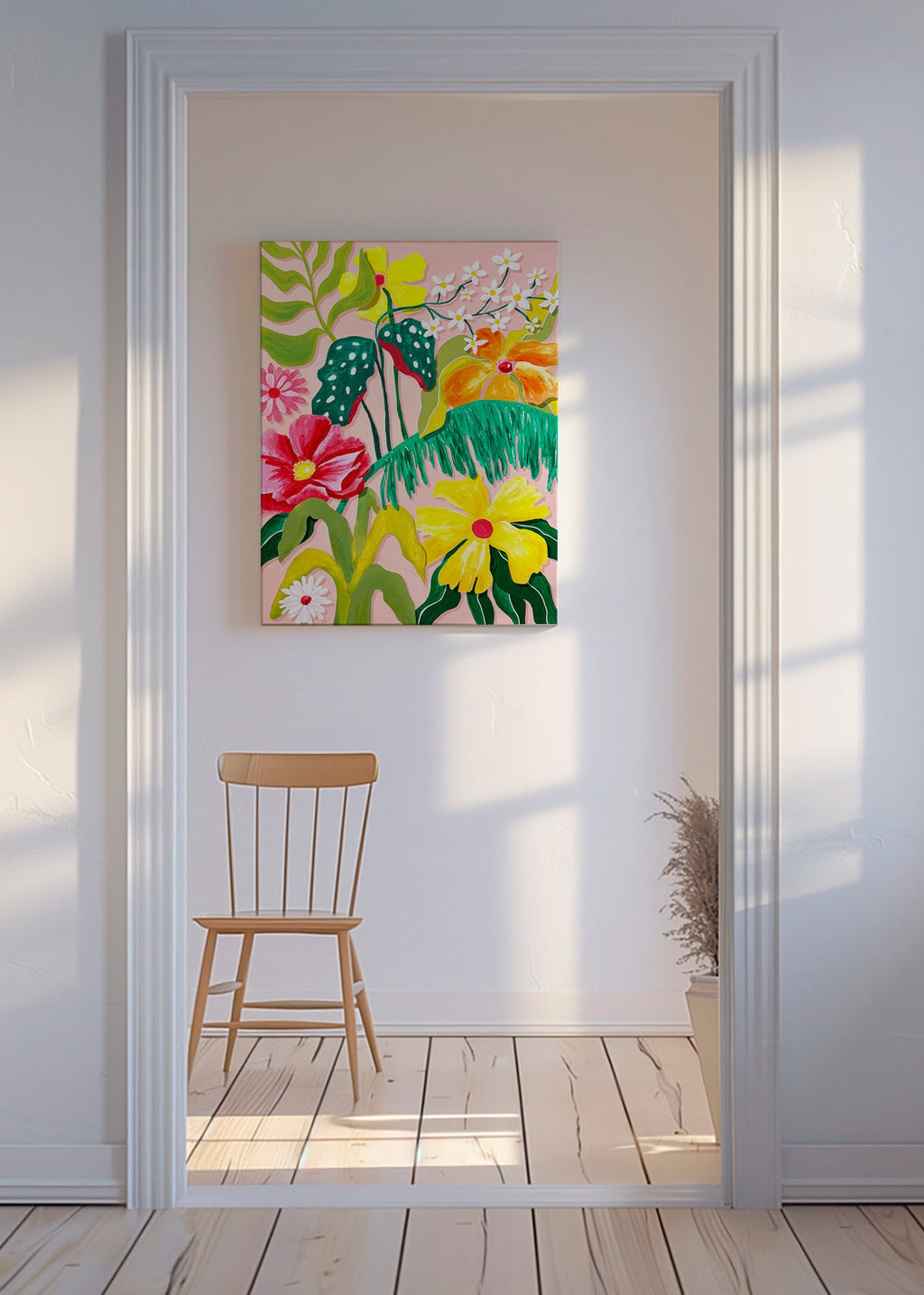 Botanical print with vibrant tropical blooms