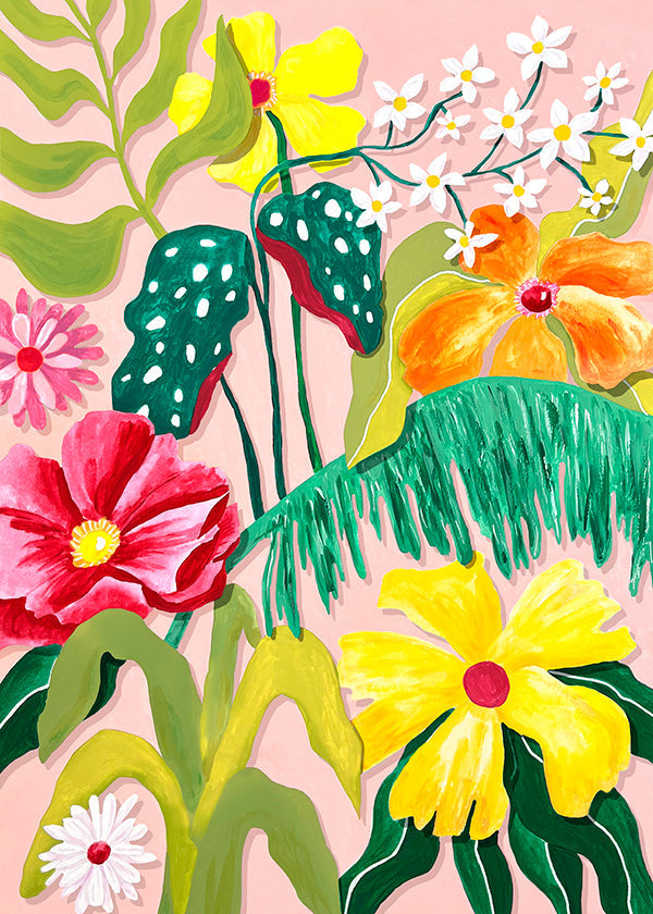 Botanical print with vibrant tropical blooms