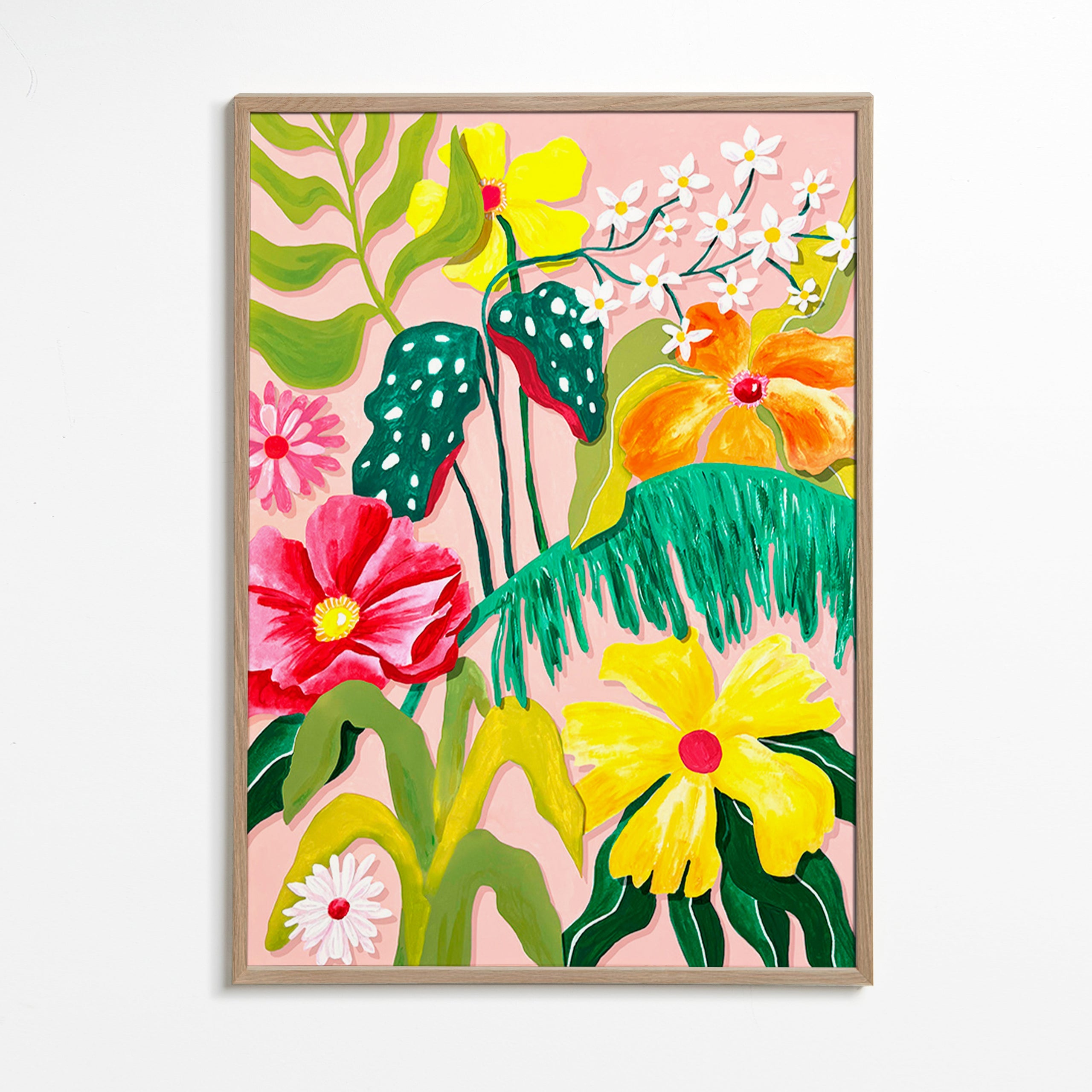 Botanical print with vibrant tropical blooms