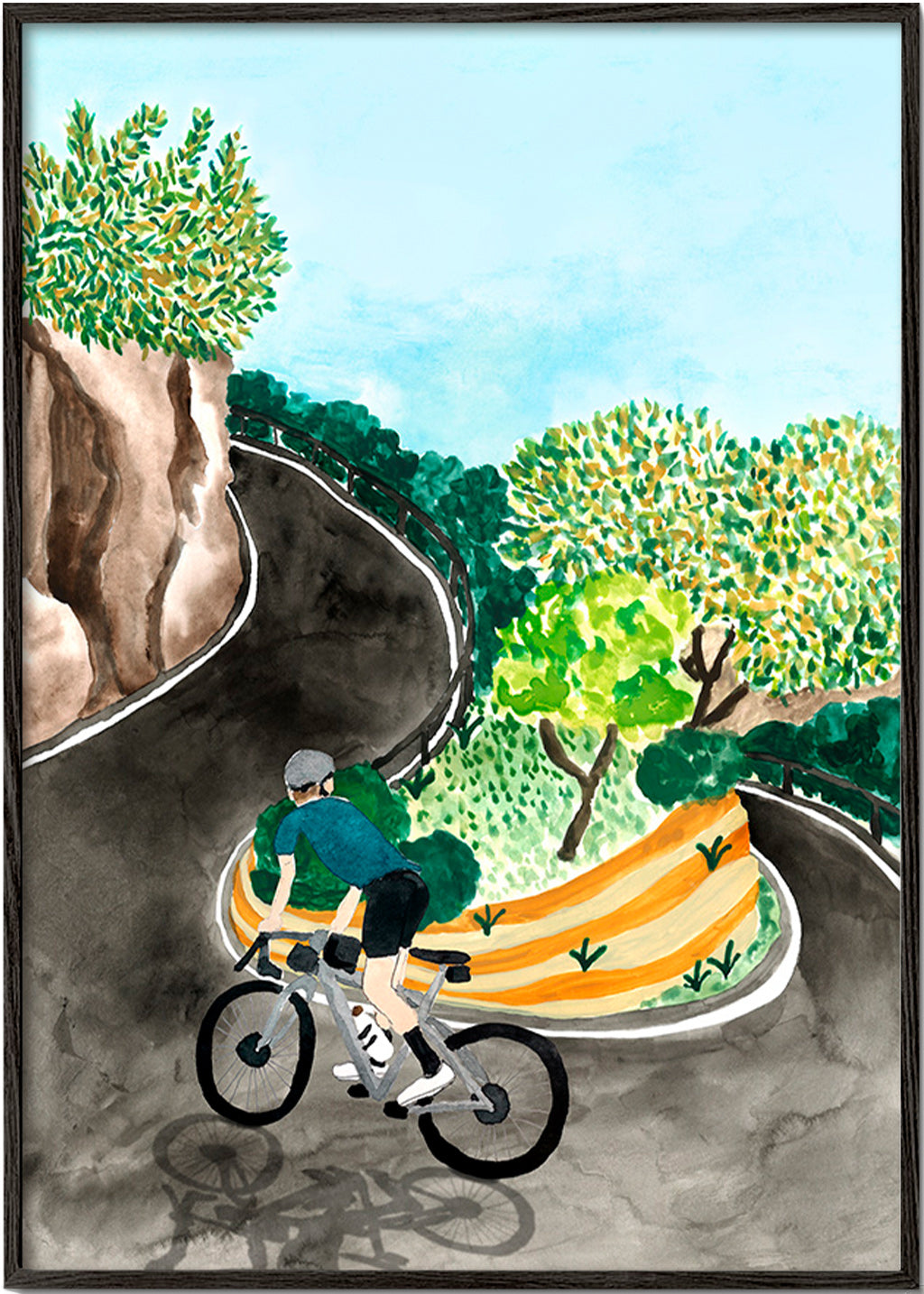 Cuadro de paisaje con ciclista en curva de montaña – Black Frame