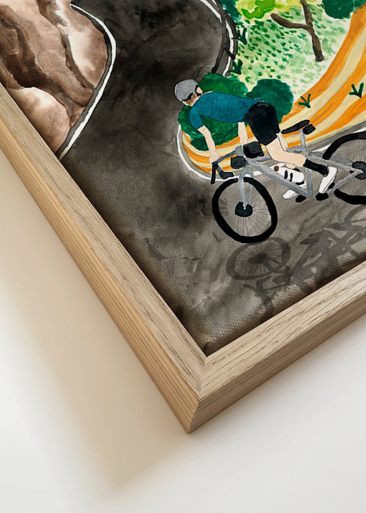 Cuadro de paisaje con ciclista en curva de montaña – Canvas detail