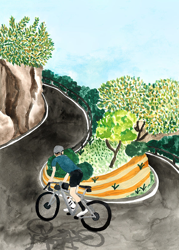 Cuadro de paisaje con ciclista en curva de montaña