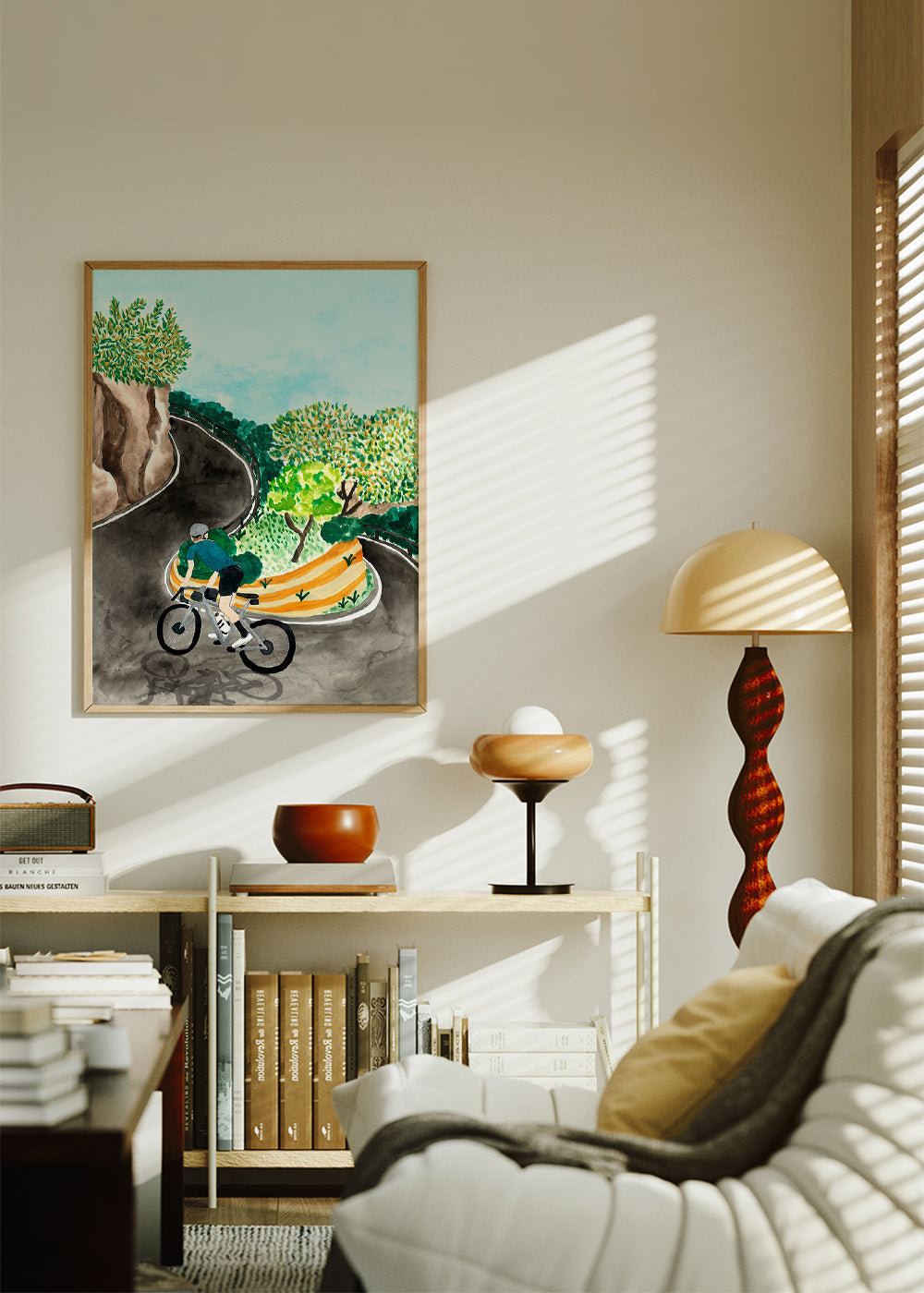 Cuadro de paisaje con ciclista en curva de montaña – Product2