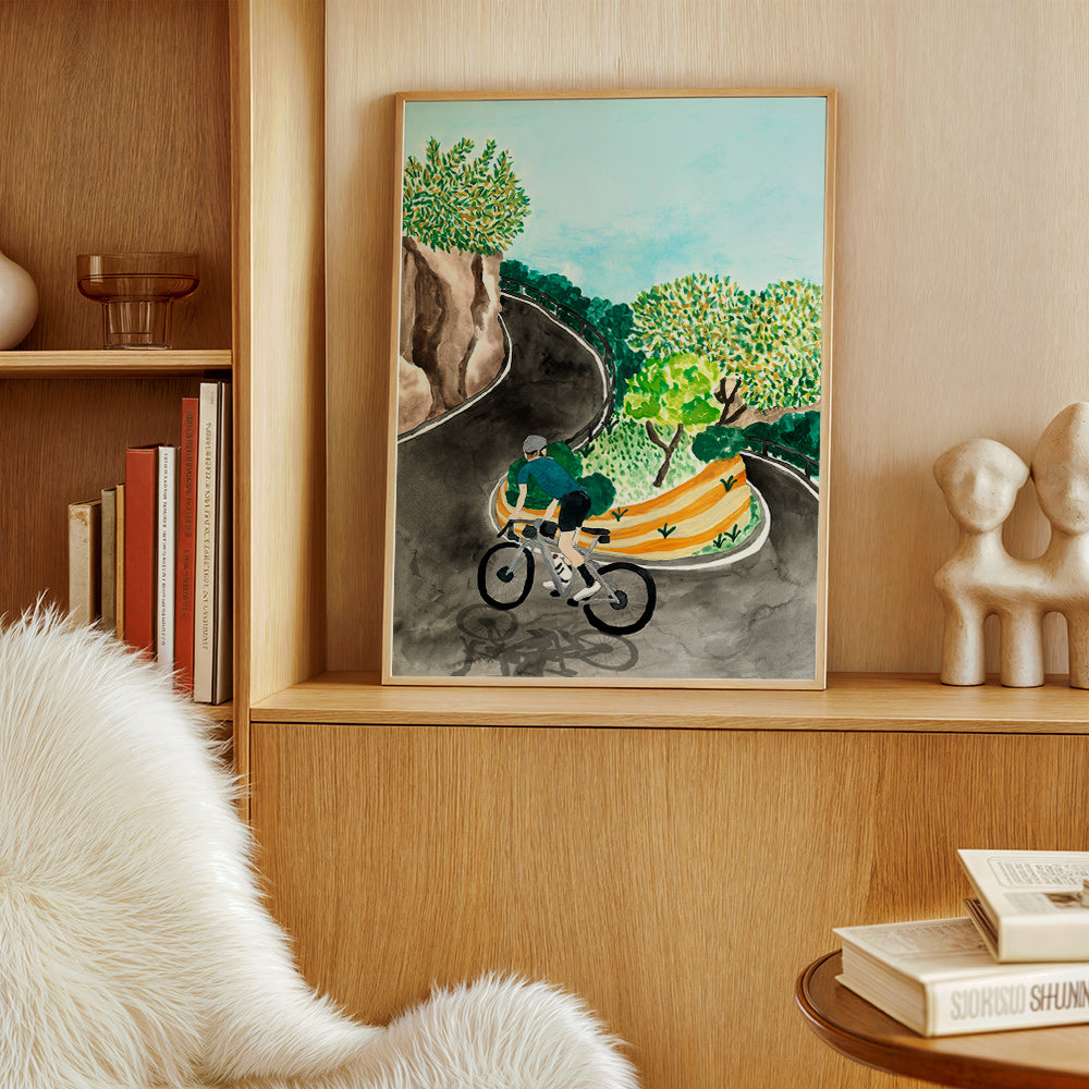 Cuadro de paisaje con ciclista en curva de montaña – Product3