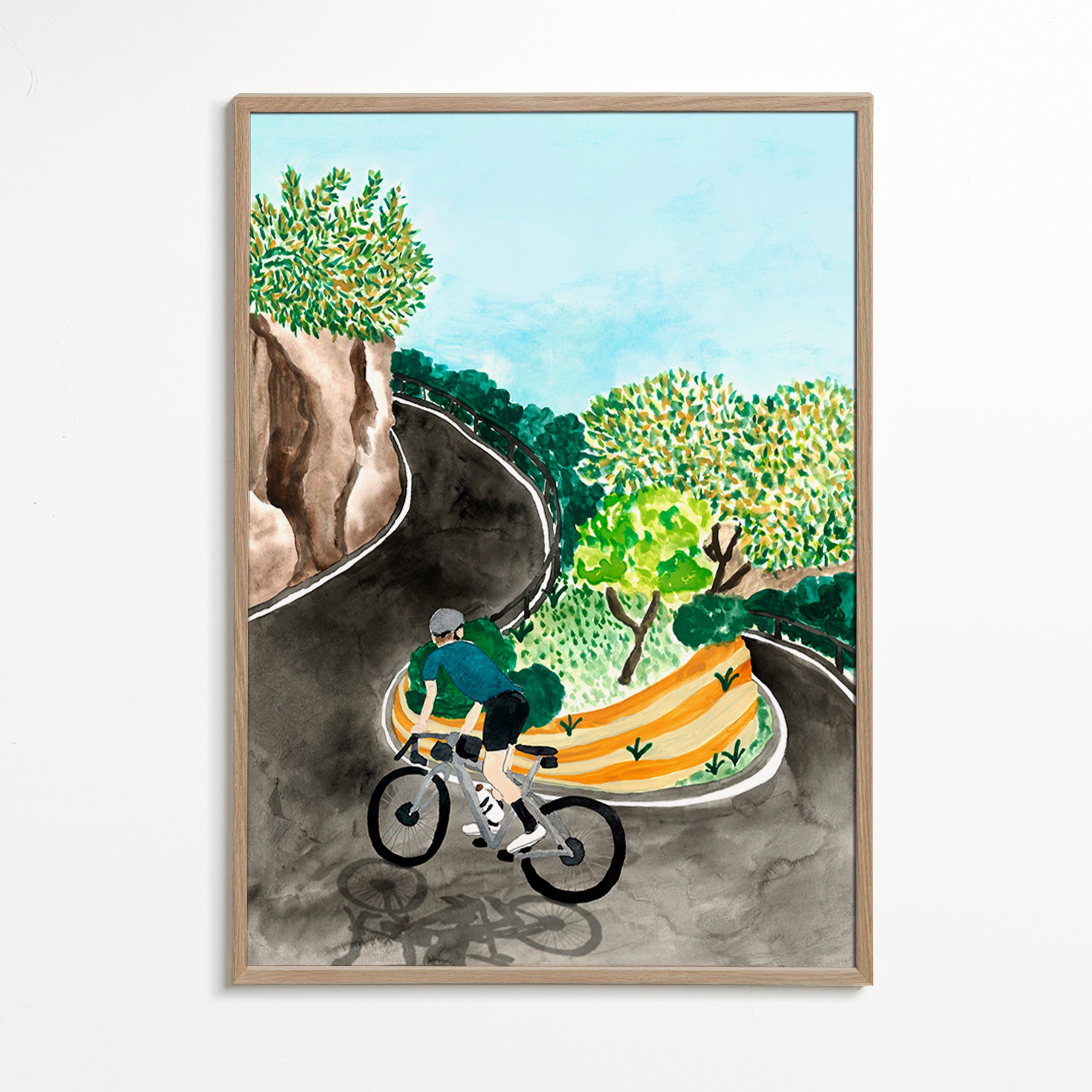 Cuadro de paisaje con ciclista en curva de montaña – Oak Frame