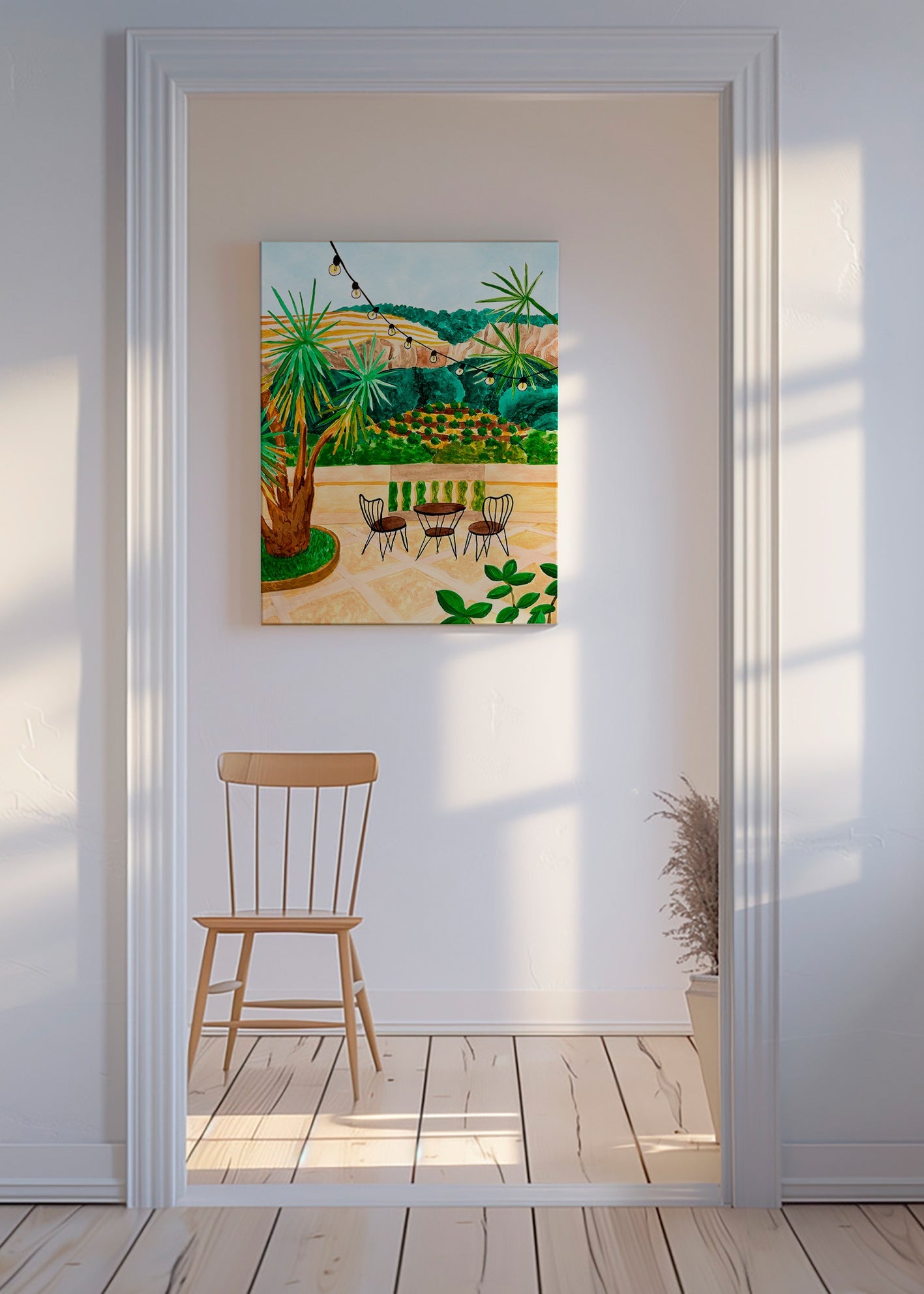 Botanical print: sunlit terrace scene